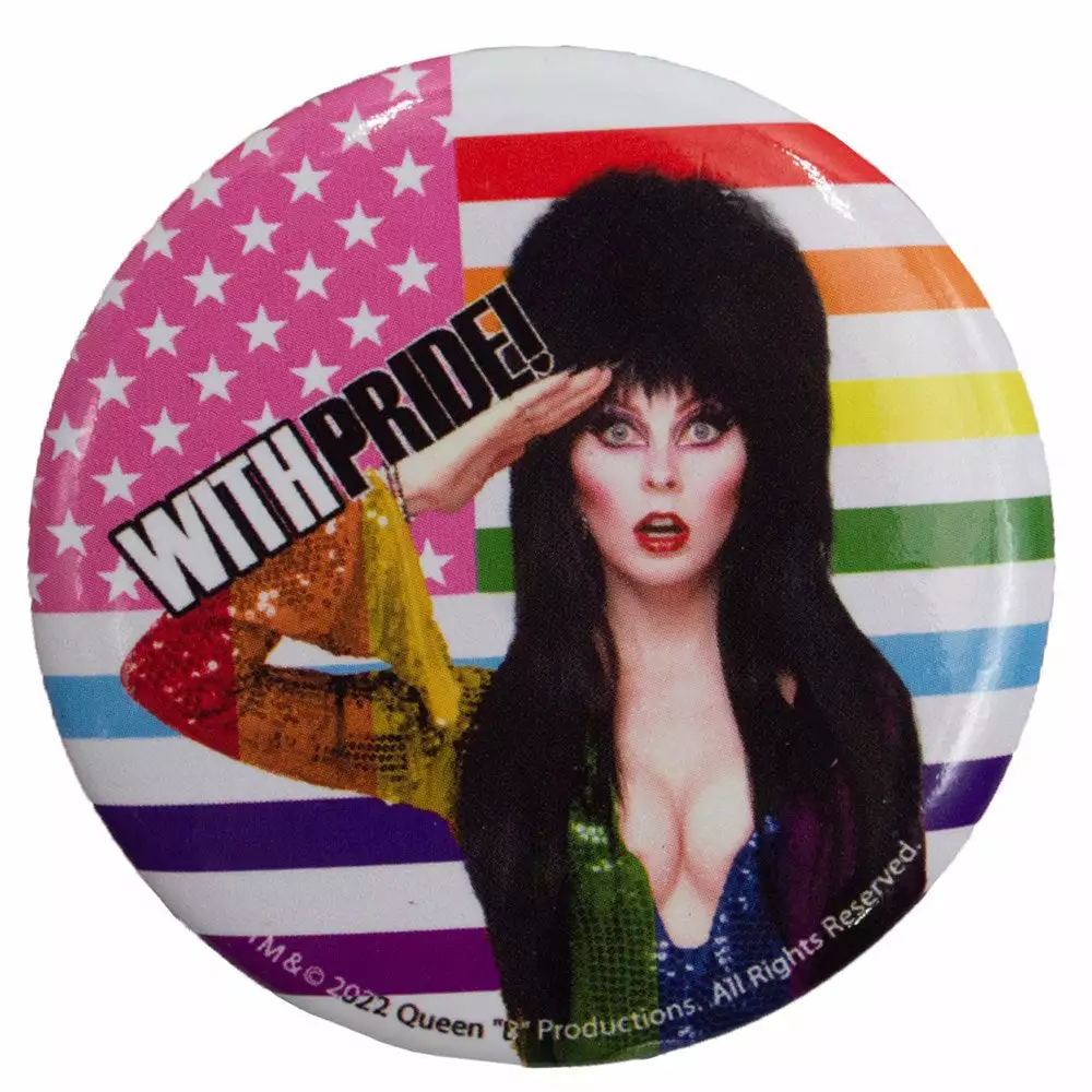 Elvira With Pride Large Round Button Badge 3 Elvira With Pride Large Round Button Badge