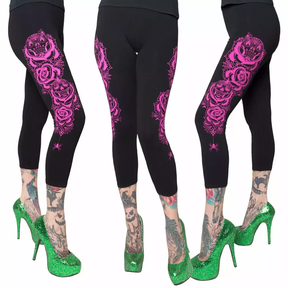 Kreepsville Dia De Los Muertos Pink Capri Leggings Women's 3 Kreepsville Dia De Los Muertos Pink Capri Leggings Women's
