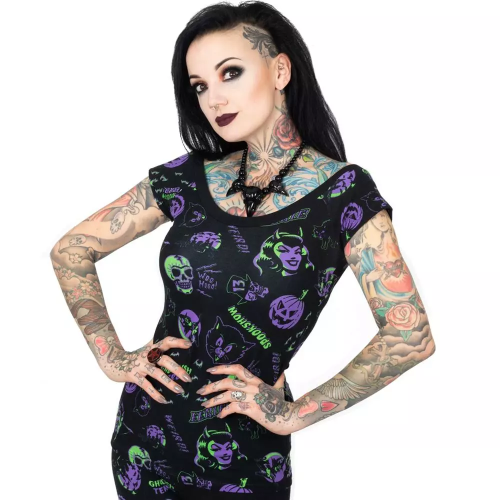 Kreepsville Spookshow Off Shoulder Top Blk/Purple Shop The Look 3 Kreepsville Spookshow Off Shoulder Top Blk/Purple Shop The Look