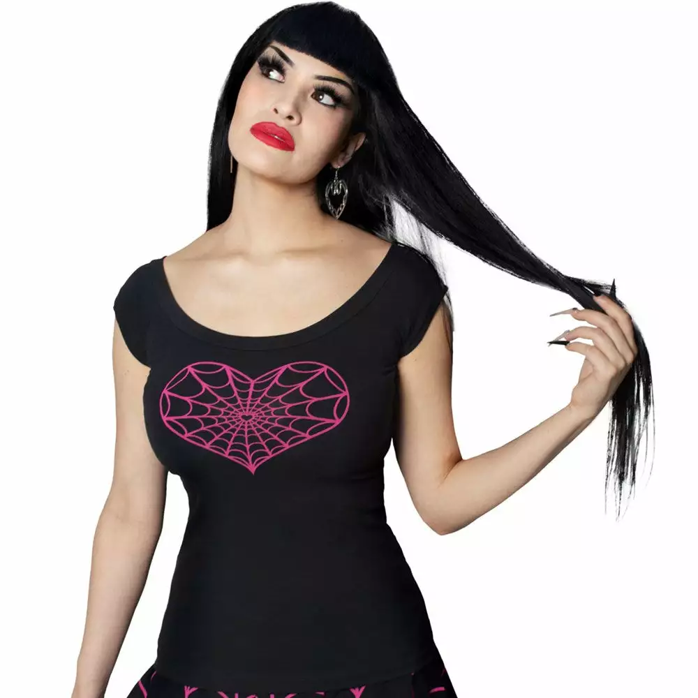 Kreepsville Spiderweb Heart Shoulder Top Pink 3 Kreepsville Spiderweb Heart Shoulder Top Pink