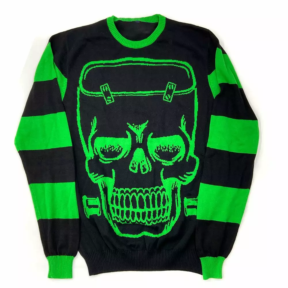 Kreepsville Franken Skull Green Striped Sweater 3 Kreepsville Franken Skull Green Striped Sweater